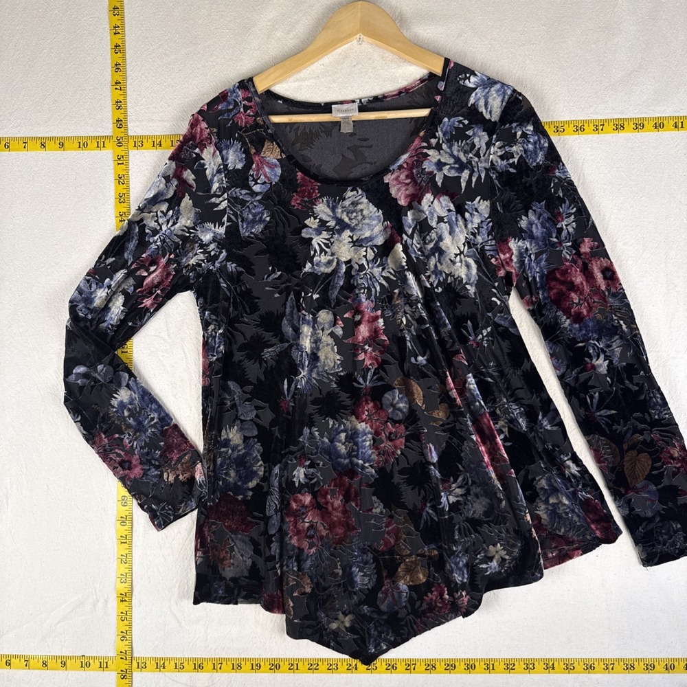 Cupio Black Floral Long Sleeve Whimsigoth Large Velvet Burnout Romantic Chic Top